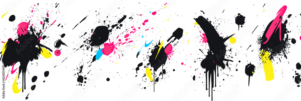 Abstract black ink splatters with neon pink cyan yellow paint drips and splashes on white background modern street art style vector illustration