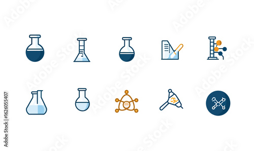Set of ten flat vector chemistry icon symbols including laboratory flasks, molecular structure, chemical reactions, pipette, and measurement tools isolated on white background