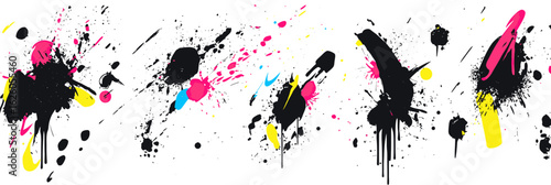 Abstract black ink splatters with neon pink cyan yellow paint drips and splashes on white background modern street art style vector illustration