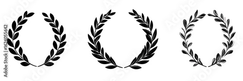 Set of three black laurel wreath silhouettes with varying leaf styles in flat minimalist vector design isolated on white background for awards and achievement symbols