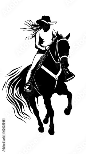 Silhouette of Woman Riding Galloping Horse Cowboy Hat Dynamic Equestrian Action Western Style Vector Illustration