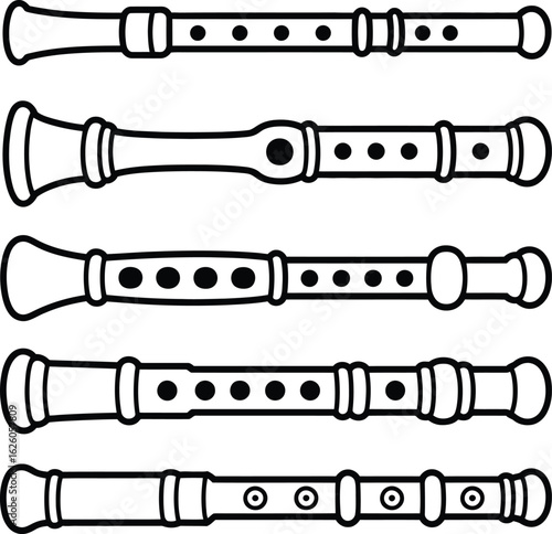 Collection of five simple line drawings of wooden recorders