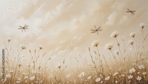 Fototapeta Naklejka Na Ścianę i Meble -  Soft focus meadow with delicate white flowers and dragonflies in a warm hazy light