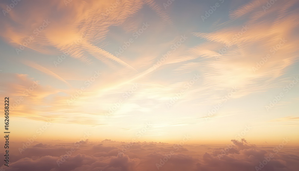 Obraz premium Serene vista of fluffy clouds bathed in the warm glow of sunrise with wispy contrails streaking across the vast expanse