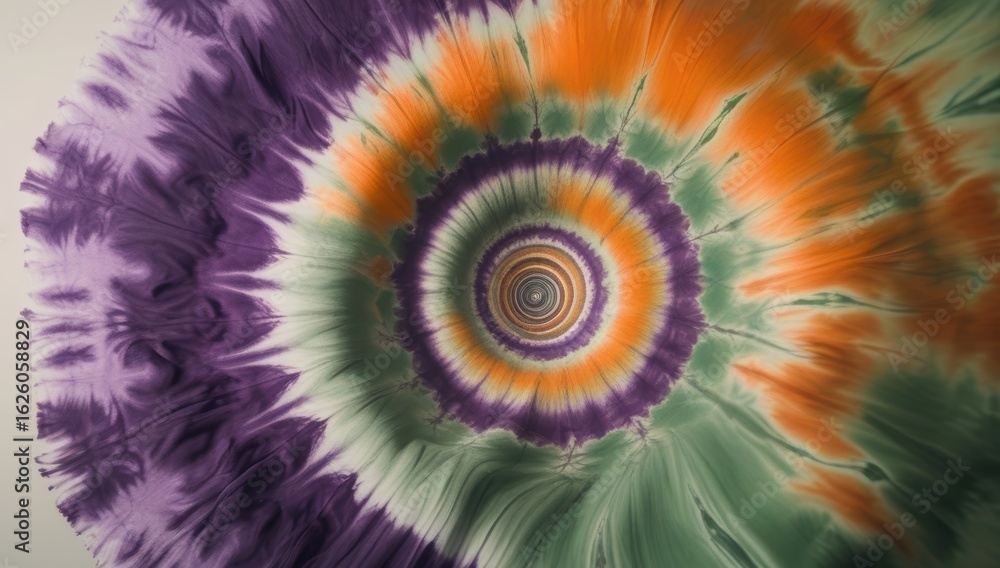 Vibrant spiral tie dye pattern with purple orange and green colors Vibrant spiral tie dye pattern with purple orange and green colors