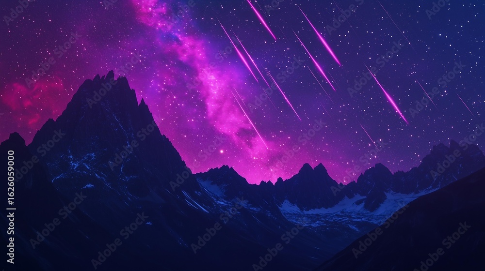 Fototapeta premium A breathtaking night sky filled with vibrant pinks and purples, showcasing a mesmerizing Milky Way among towering mountains, with shooting stars illuminating the tranquil landscape