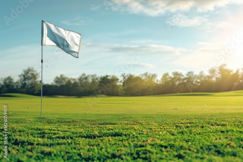 Premium Quality Visual of Golf Course Hole with a White Flag on a Sunny Day