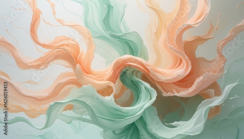 Abstract flowing fabric in peach and mint green colors creating a dynamic and ethereal movement