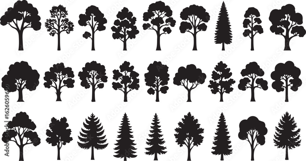 Fototapeta premium Collection of Black Tree Silhouettes in Three Rows trees deciduous