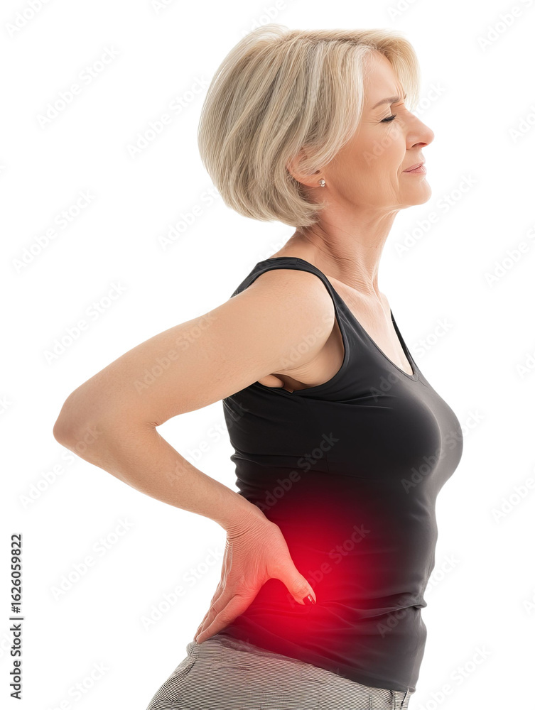 Fototapeta premium PNG of Older woman with short blonde hair experiencing back pain, holding her lower back in a thoughtful pose.