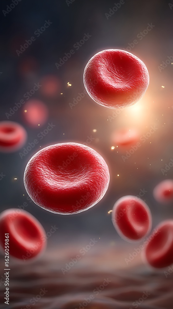 Fototapeta premium Microscopic View of Red Blood Cells Flowing Through Bloodstream with Bright Highlight