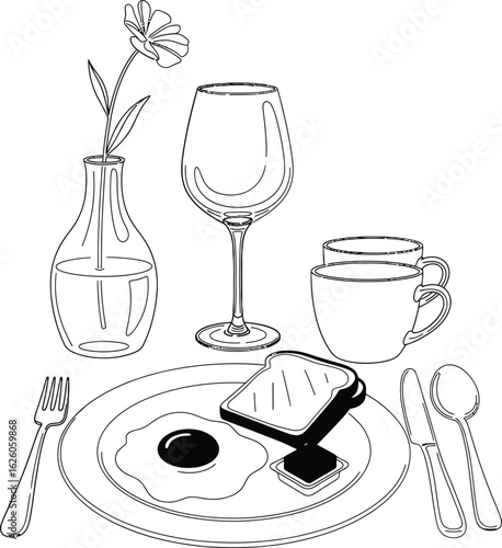 Black and White Silhouette of a Breakfast Setting — Fried Egg and Buttered Toast on Plate with Fork, Spoon, Knife, Stacked Teacups, Wine Glass, and Flower Vase in a Harmonious Tabletop Composition