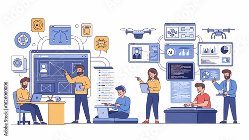 Team of developers and engineers working on an artificial intelligence and machine learning project.