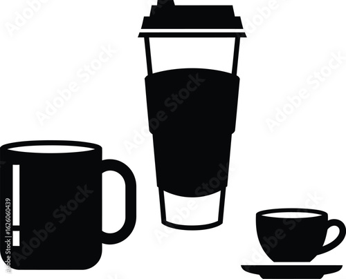Black Silhouette Trio of Beverage Containers — Featuring Mug with Handle, Lidded To-Go Cup with Sleeve, and Saucered Espresso Cup Celebrating Minimalist Form and Functional Contrast in Everyday Drink