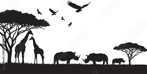 Silhouette of African savanna landscape with giraffes, rhinos, trees and birds vector