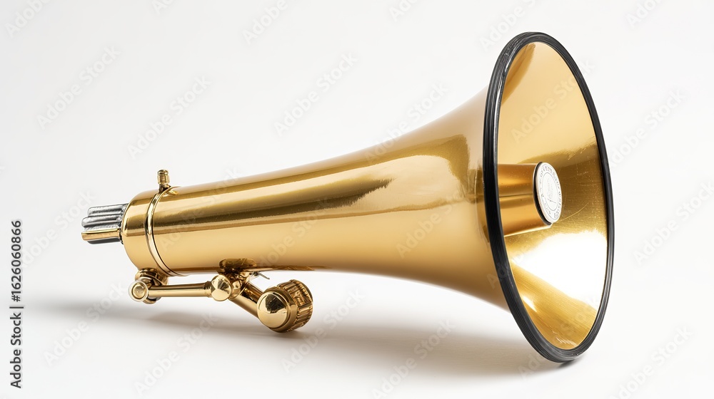 Obraz premium Vintage golden megaphone isolated on white, showcasing classic design details.