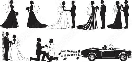 Wedding Couple Silhouettes Bride Groom Marriage Ceremony Celebration vector illustration
