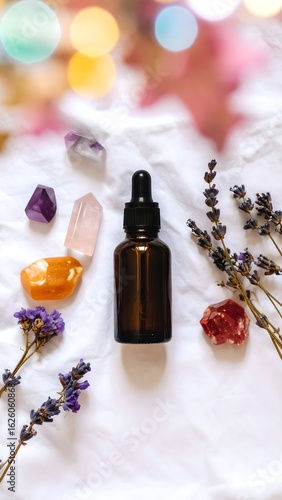 Wellness tincture with crystals and dried lavender