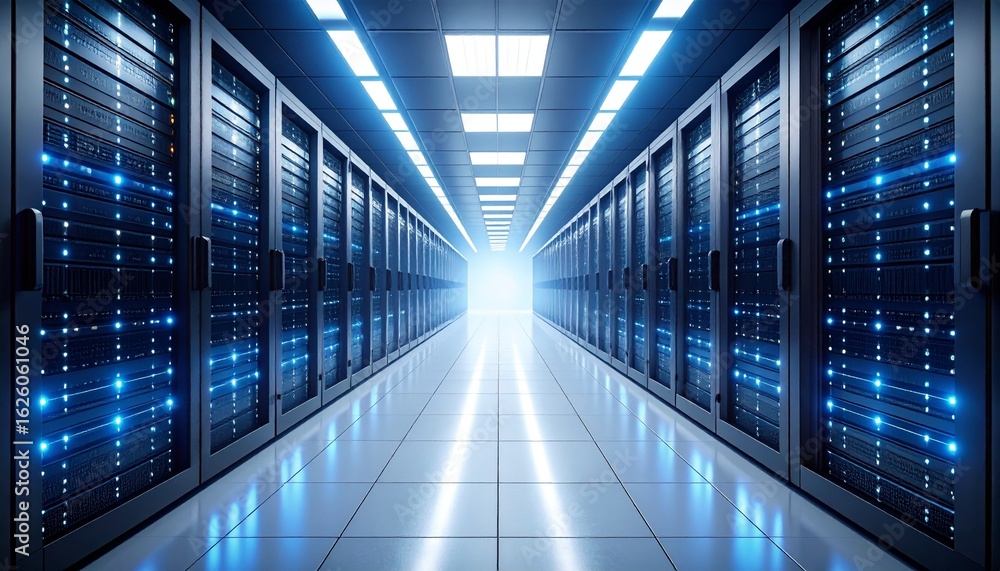 Fototapeta premium Futuristic data center corridor with blue LED lights illuminating path