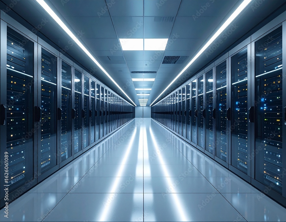 Fototapeta premium Modern data center with rows of servers and bright LED lights