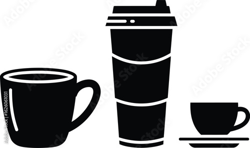 Minimalist Trio of Hot Beverage Vessels in Silhouette — Showcasing a Coffee Mug, Lidded To-Go Cup, and Saucered Teacup in Black and White Celebrating Form, Function, and the Diversity of Sip Rituals