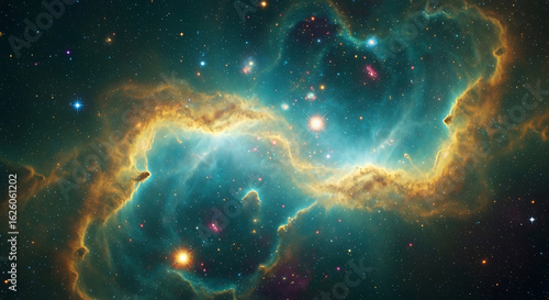  The gaseous clouds swirl and interlace, with streaks of luminous gold dust contrasting beautifully against the deep, mysterious teal tones. 