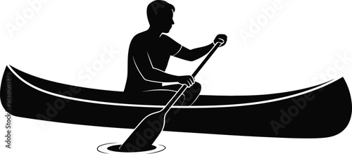 Silhouette of a person paddling a canoe on white background