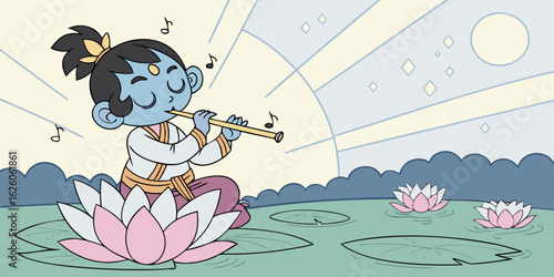 Cute blue skinned child character playing a flute on a lotus flower in a serene pond
