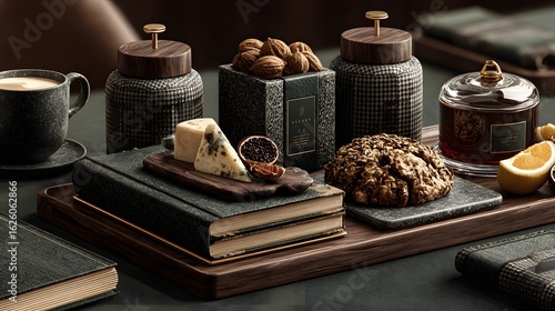 Dark and moody still life arrangement of gourmet food items on a wooden tray.