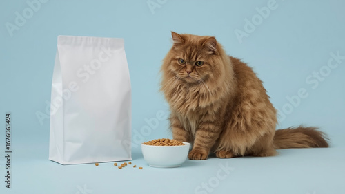 Cat sitting next to food package	