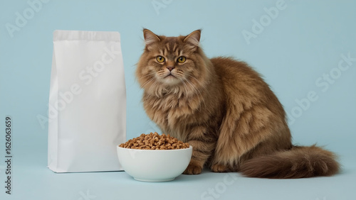 Cat sitting next to food package	