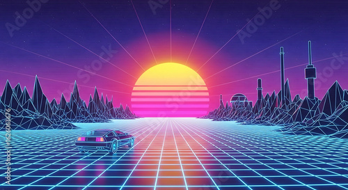 The scene is a minimalist, virtual landscape where a glowing grid pattern covers the ground.
