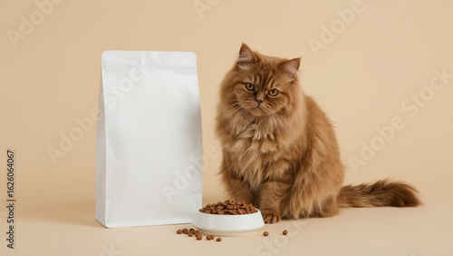 Cat sitting next to food package	