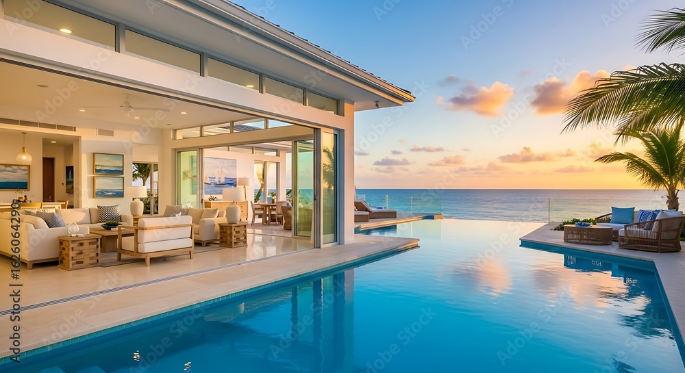 Obraz premium Tropical paradise villa with infinity pool merging with the ocean at sunset creating ultimate