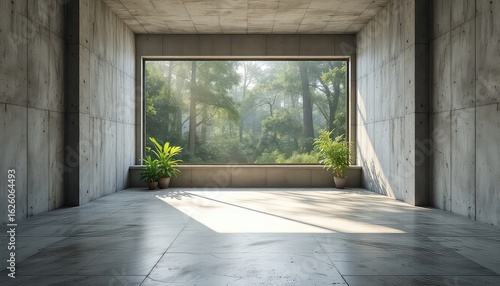 Light filled spacious room with concrete walls and floor offering a peaceful view of lush green foliage outdoors