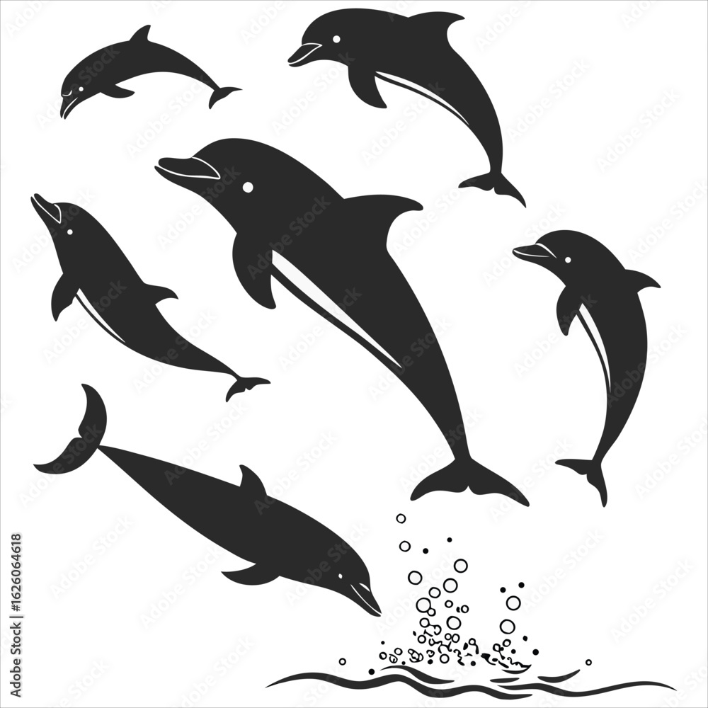 Naklejka premium Dolphin vector. Dolphin cartoon sea animal icon. Bottlenose Dolphin. Dolphin peeking out of water. Dolphin Isolated. Dolphin jump out of the water in sea. Dolphins Jumping From The Sea. 