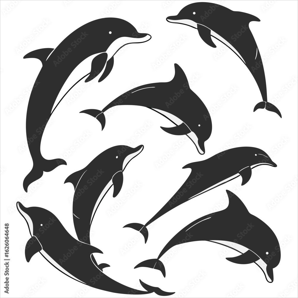 Fototapeta premium Dolphin vector. Dolphin cartoon sea animal icon. Bottlenose Dolphin. Dolphin peeking out of water. Dolphin Isolated. Dolphin jump out of the water in sea. Dolphins Jumping From The Sea. 