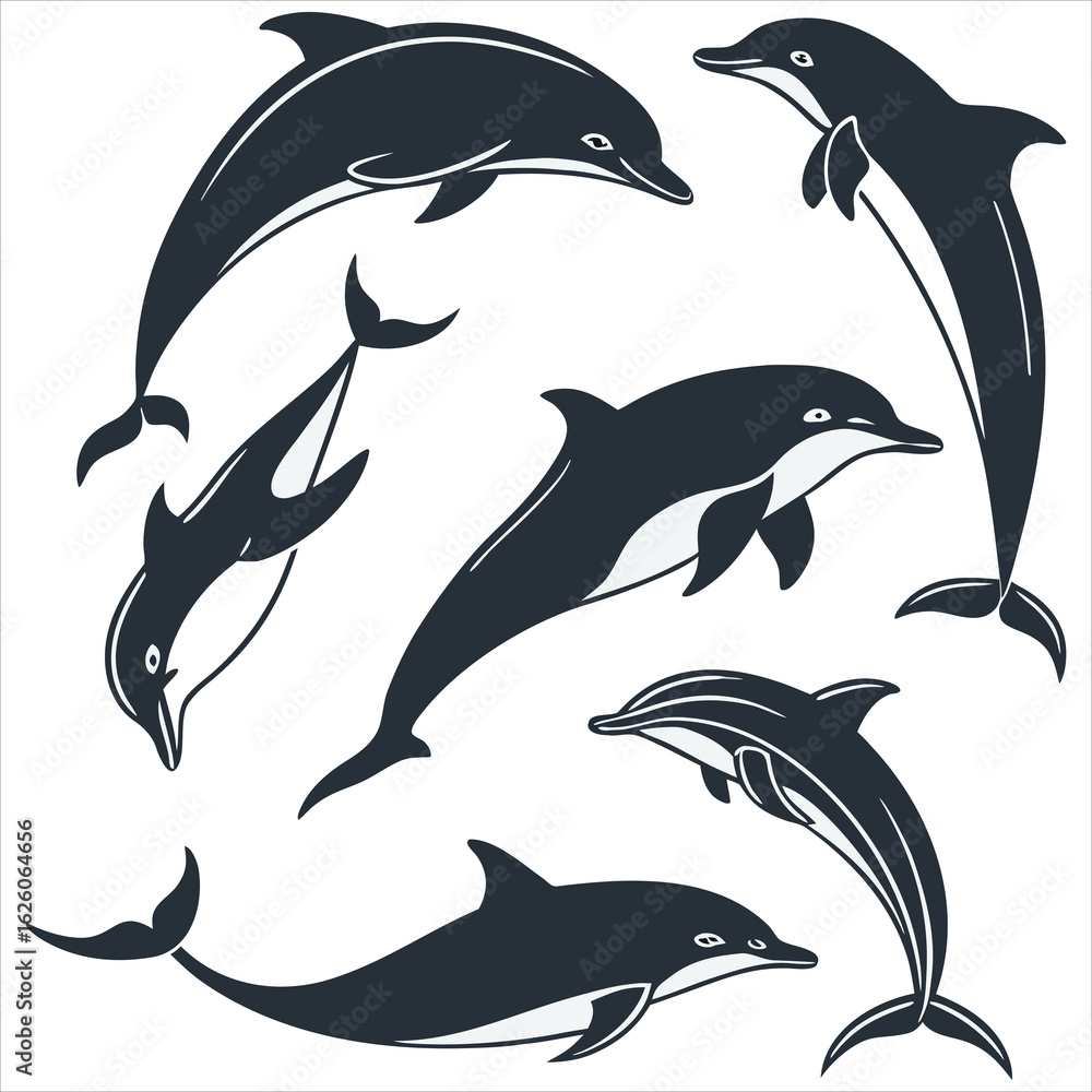 Obraz premium Dolphin vector. Dolphin cartoon sea animal icon. Bottlenose Dolphin. Dolphin peeking out of water. Dolphin Isolated. Dolphin jump out of the water in sea. Dolphins Jumping From The Sea.