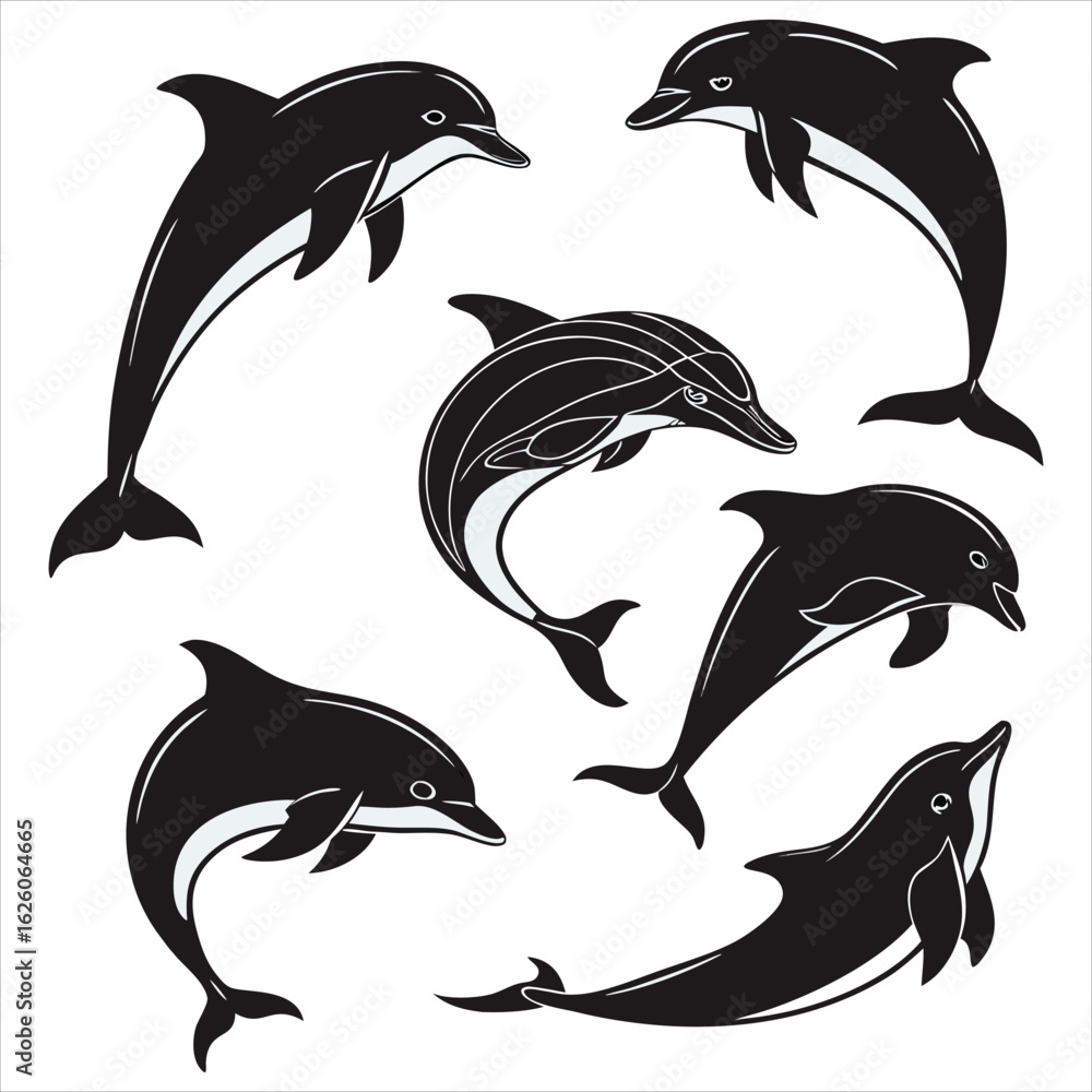 Naklejka premium Dolphin vector. Dolphin cartoon sea animal icon. Bottlenose Dolphin. Dolphin peeking out of water. Dolphin Isolated. Dolphin jump out of the water in sea. Dolphins Jumping From The Sea. 