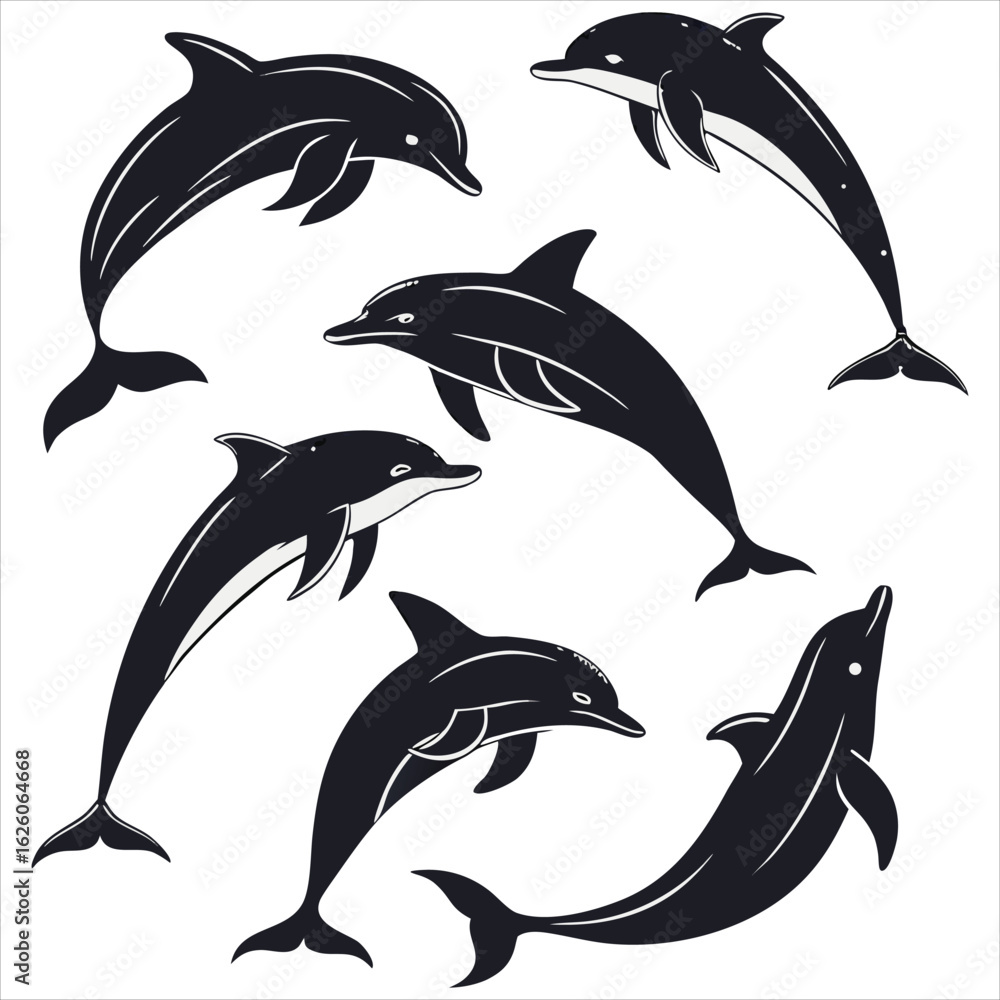 Obraz premium Dolphin vector. Dolphin cartoon sea animal icon. Bottlenose Dolphin. Dolphin peeking out of water. Dolphin Isolated. Dolphin jump out of the water in sea. Dolphins Jumping From The Sea.
