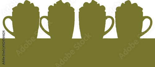 Row of Four Whipped-Cream-Topped Coffee Mugs — Olive Green Silhouettes Featuring Unique Foam Shapes and Handle Designs Representing Warmth, Indulgence, and Beverage Rituals