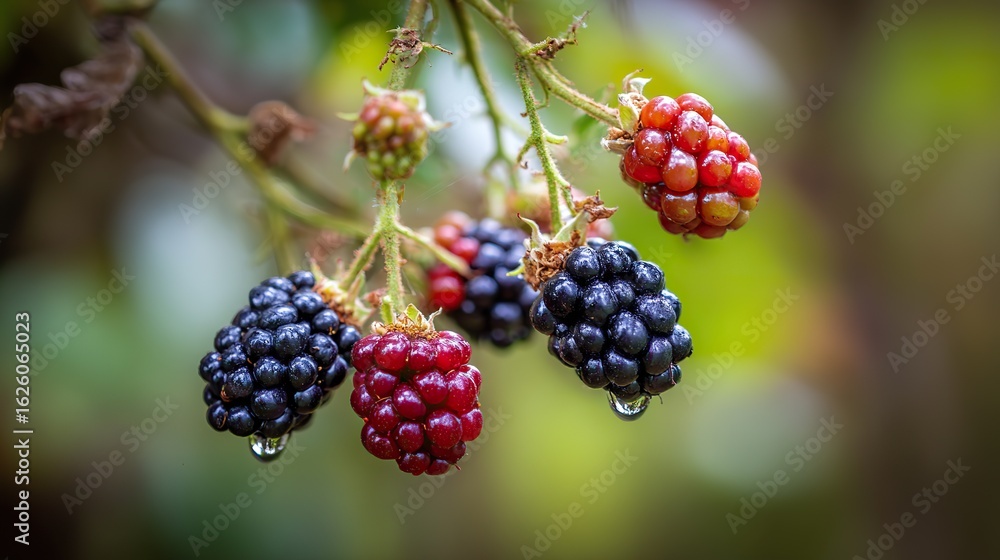Blackberry fruit growing on a bush, close-up showing berries in stages from green to red and purple, set against a blurred natural background, capturing the ripening process in a real outdoor scene. Blackberry fruit growing on a bush, close-up showing berries in stages from green to red and purple, set against a blurred natural background, capturing the ripening process in a real outdoor scene.