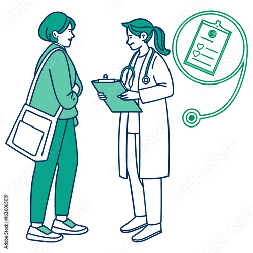 Flat illustration of a person visiting a doctor for a routine check-up, stethoscope, health chart, line art with clean medical green and blue, white background, preventative care vector.
