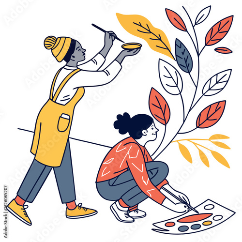 Flat illustration of people participating in an art and craft workshop with paintbrushes and clay, vibrant line art on white background