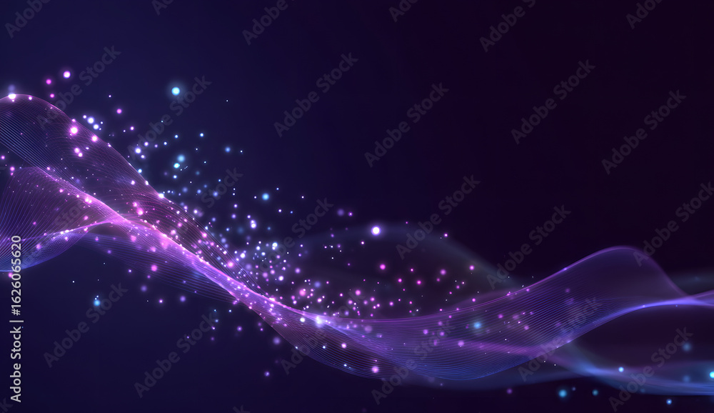 Fototapeta premium Digital purple particles wave and light abstract background with shining dots stars.