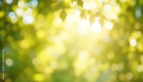 Sunlight streams through a canopy of green foliage, creating a peaceful and serene bokeh background image