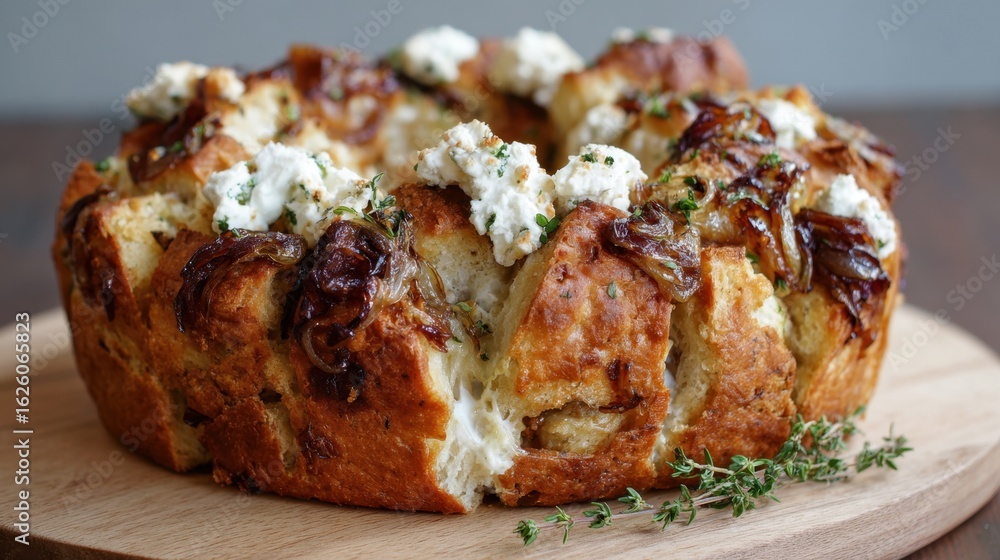Savory pull-apart bread with caramelized onions and ricotta on wooden board Savory pull-apart bread with caramelized onions and ricotta on wooden board