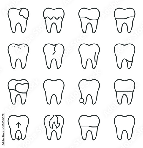 Dental linear icon set: tooth, cavity, decay, crack, stains, healthy, damaged, treatment, hygiene, pain.