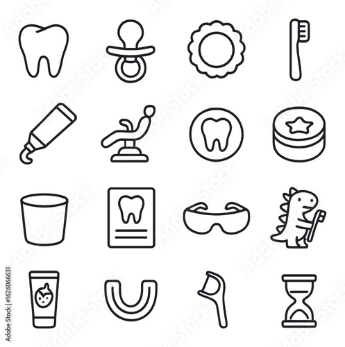 Dental linear icons set. including tooth, pacifier, brush, toothpaste, floss, dinosaur, timer, and more.