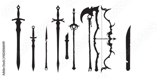 A collection of various fantasy weapons in silhouette including swords bows and a scythe like weapon